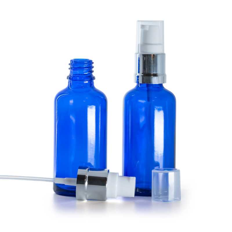 Bottiglia in vetro, blu, dosatore bianco argento lucido, 50 ml