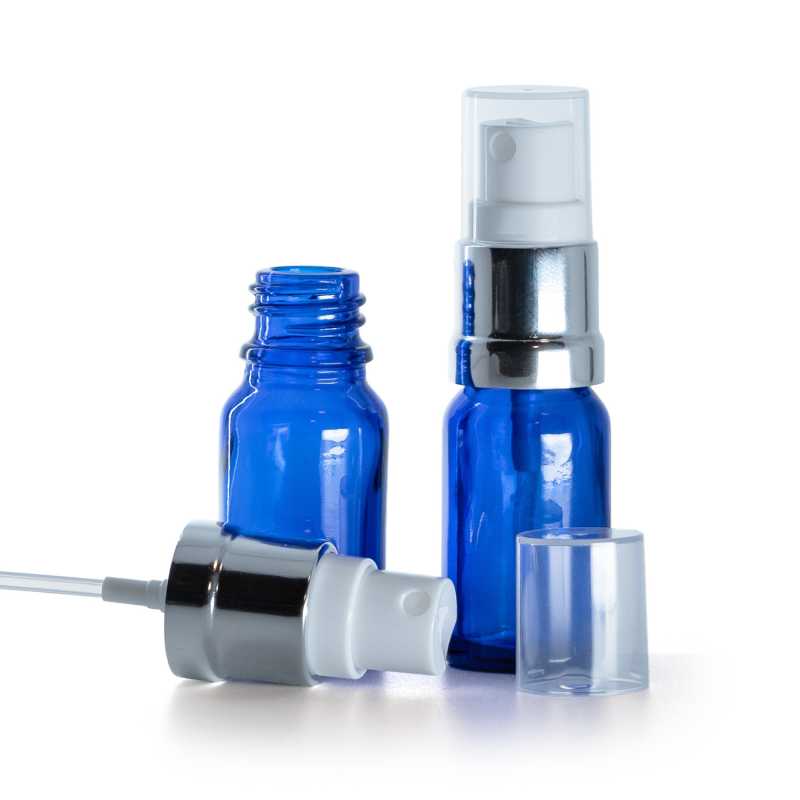 Flacone in vetro, blu, spruzzatore bianco argento, 10 ml