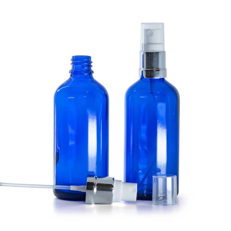 Bottiglia in vetro, blu, spruzzatore bianco argento lucido, 100 ml