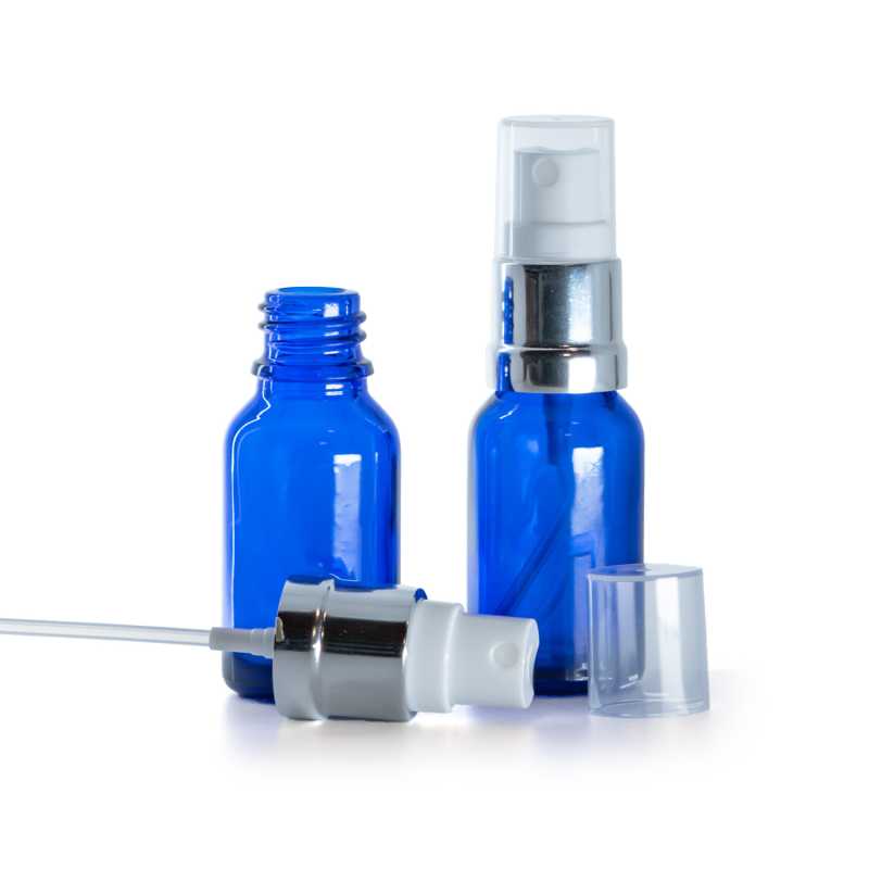 Flacone in vetro, blu, spruzzatore bianco argento, 15 ml