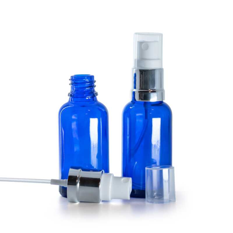 Bottiglia in vetro, blu, spruzzatore bianco argento lucido, 30 ml