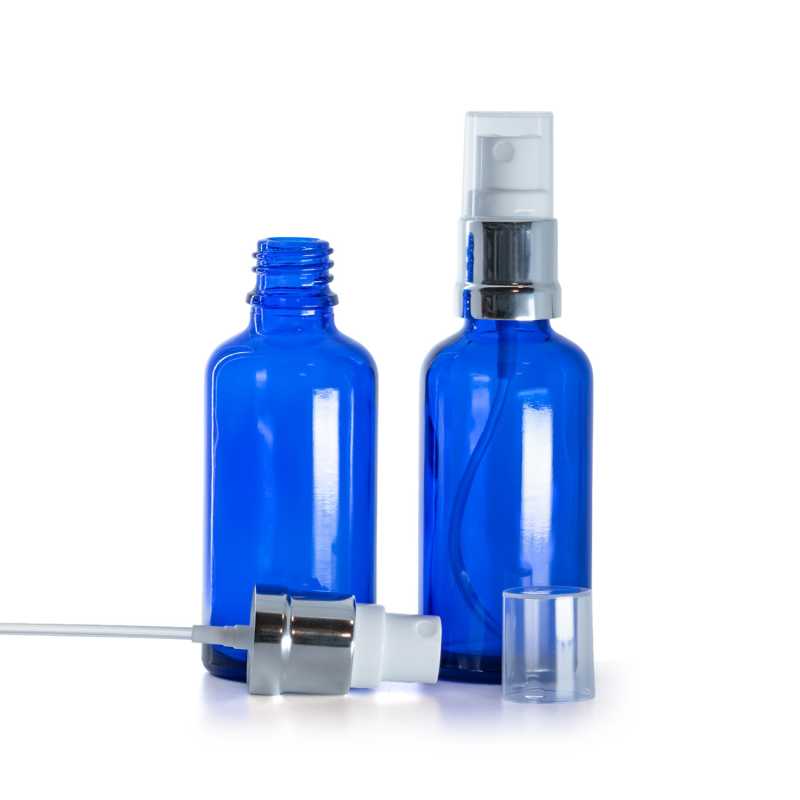 Bottiglia in vetro, blu, spruzzatore, 50 ml