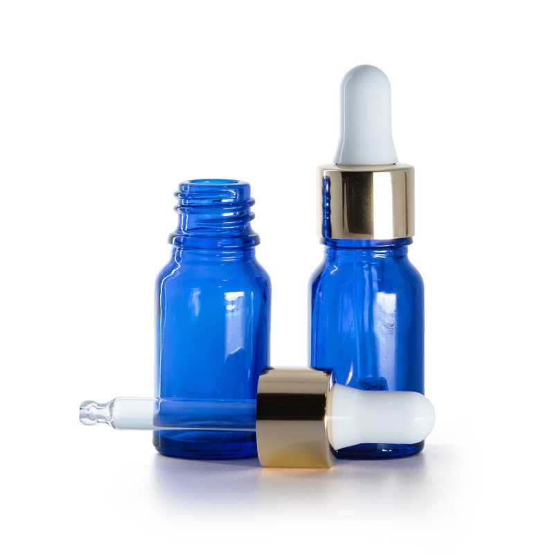Flacone in vetro, blu, contagocce bianco e oro, 10 ml