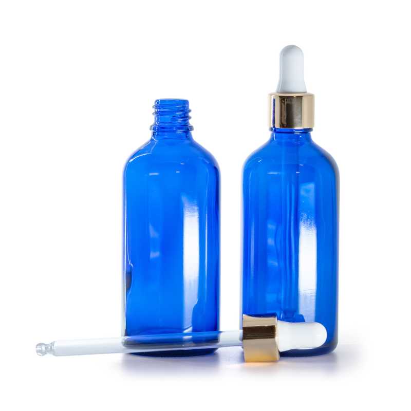Flacone in vetro, blu, contagocce bianco e oro, 100 ml