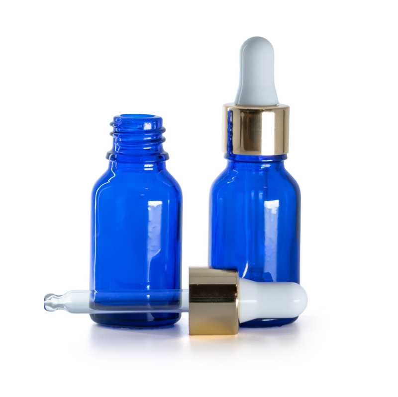 Bottiglia in vetro, blu, contagocce bianco oro, 15 ml