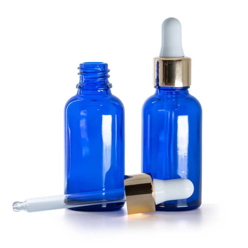 Flacone in vetro, blu, contagocce bianco e oro, 30 ml