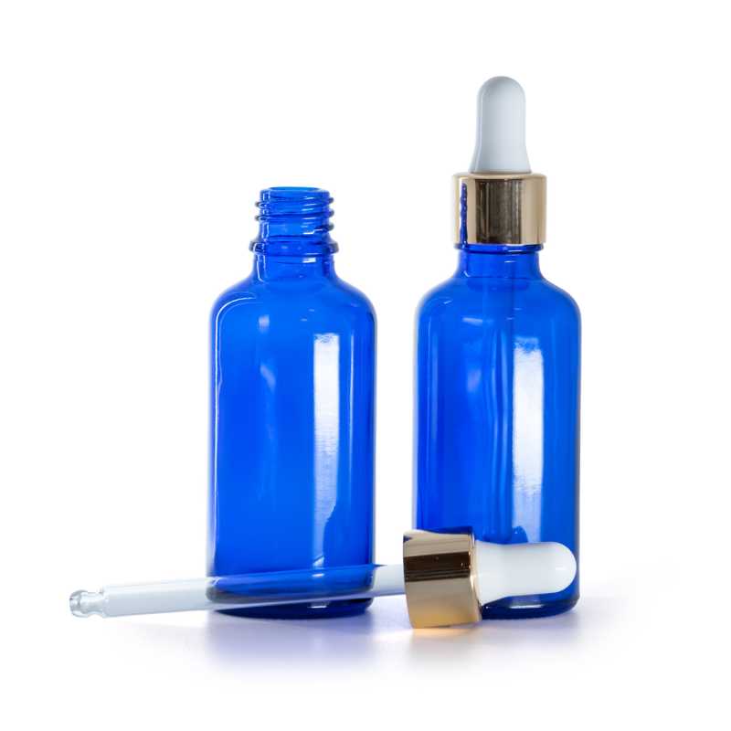 Bottiglia in vetro, blu, contagocce bianco oro, 50 ml