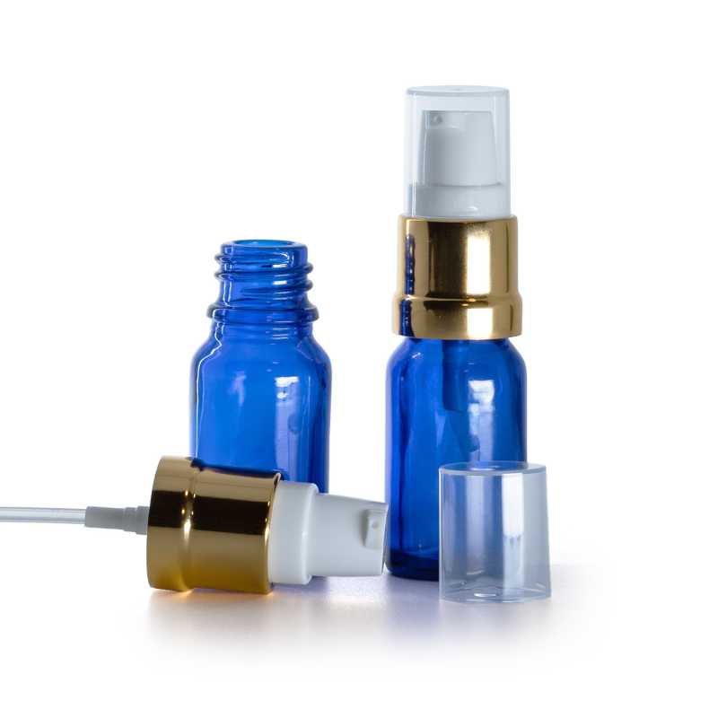 Flacone in vetro, blu, dosatore bianco oro lucido, 10 ml