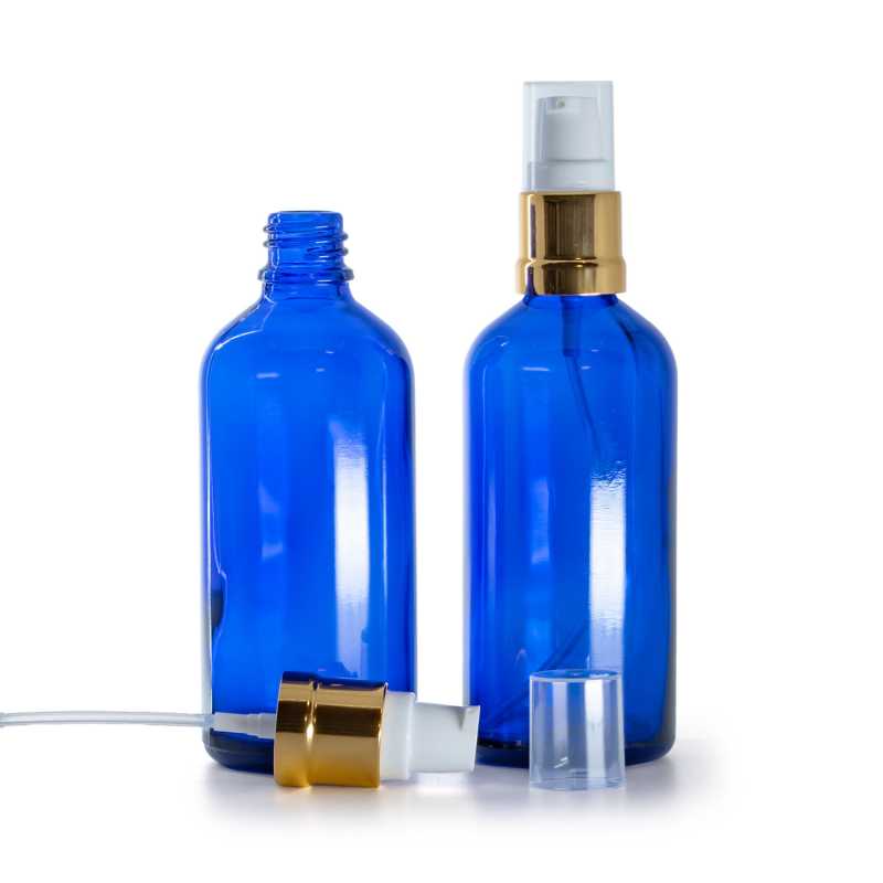 Flacone in vetro, blu, dosatore bianco dorato lucido, 100 ml