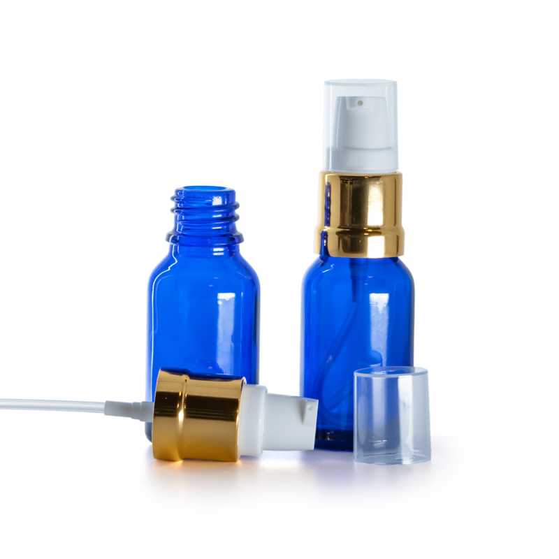 Flacone in vetro, blu, dosatore bianco dorato lucido, 15 ml
