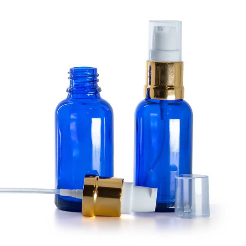 Flacone in vetro blu, dosatore bianco oro lucido, 30 ml