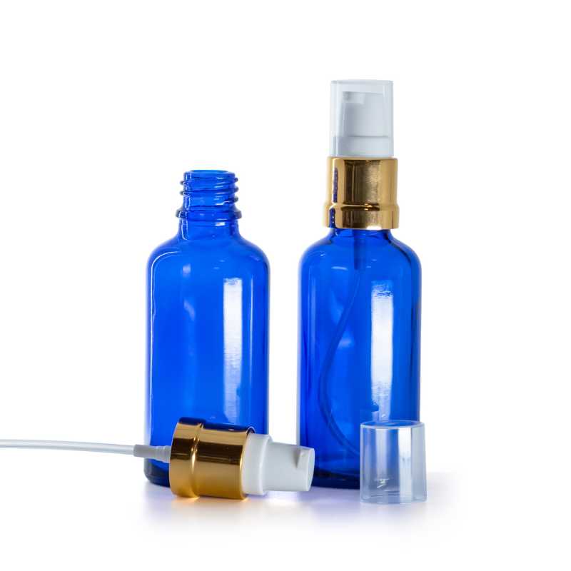 Flacone in vetro, blu, dosatore bianco oro lucido, 50 ml