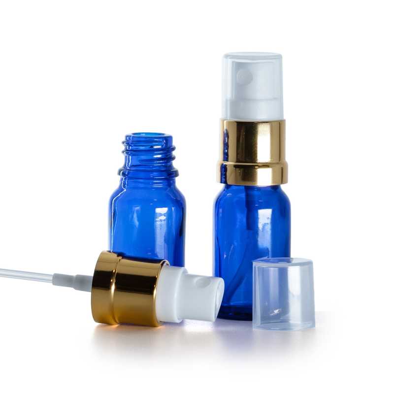 Bottiglia in vetro blu, spruzzatore bianco oro lucido, 10 ml