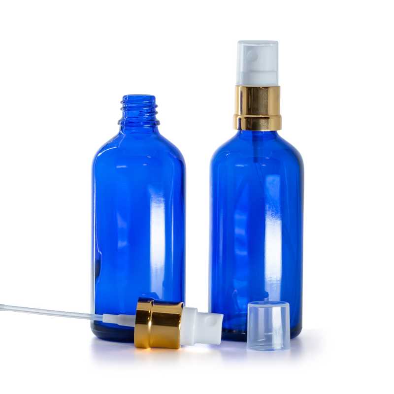 Bottiglia in vetro, blu, spruzzatore bianco oro lucido, 100 ml