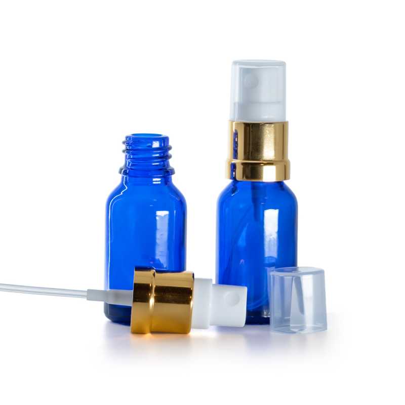 Bottiglia in vetro, blu, spruzzatore bianco dorato, 15 ml
