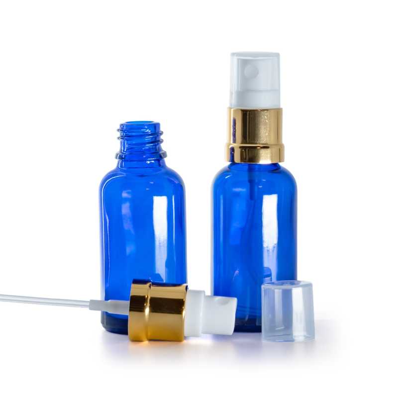 Flacone in vetro, blu, spruzzatore bianco oro, 30 ml