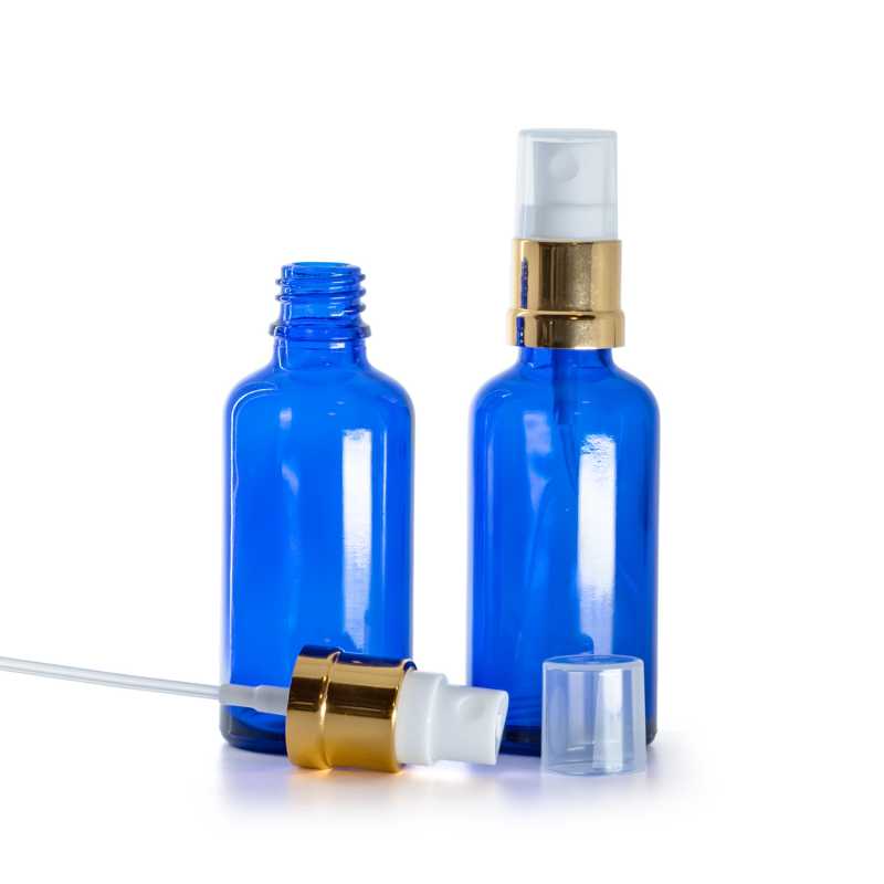 Bottiglia in vetro, blu, spruzzatore bianco oro lucido, 50 ml
