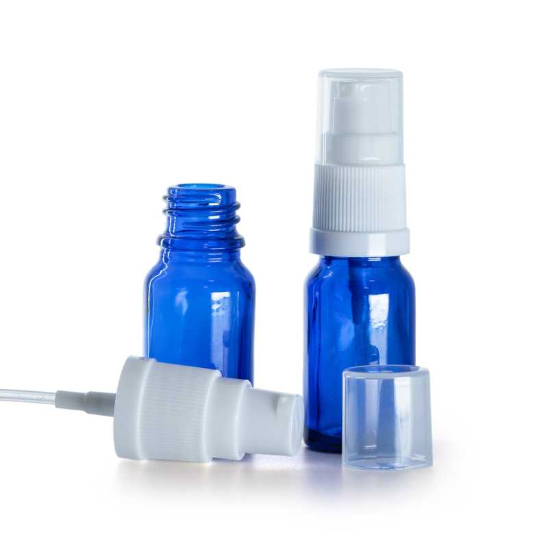 Flacone in vetro, blu, dosatore bianco, 10 ml