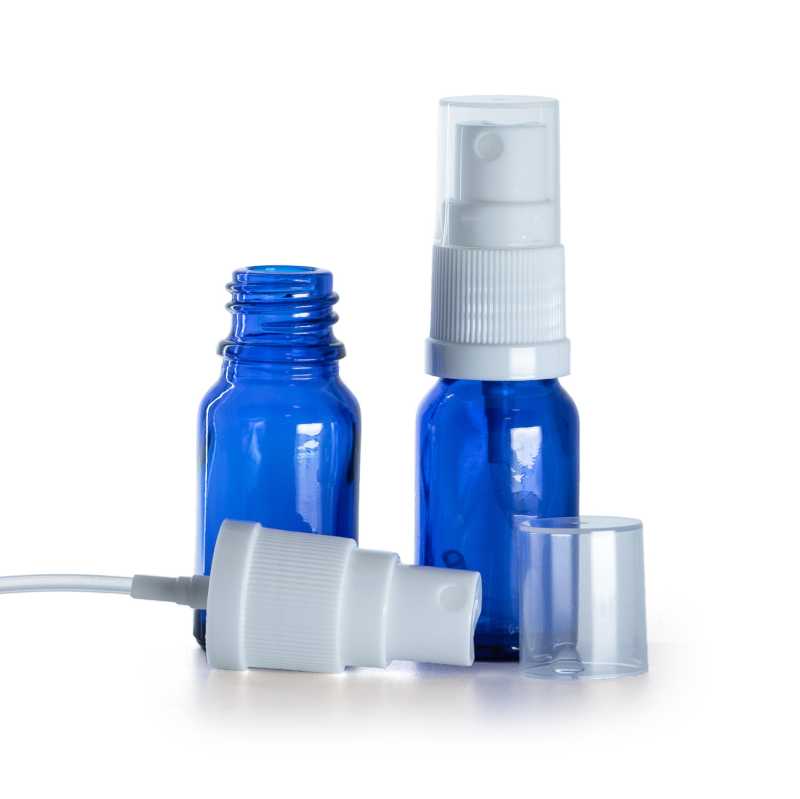 Contenitore in vetro, blu, spruzzatore bianco, 10 ml