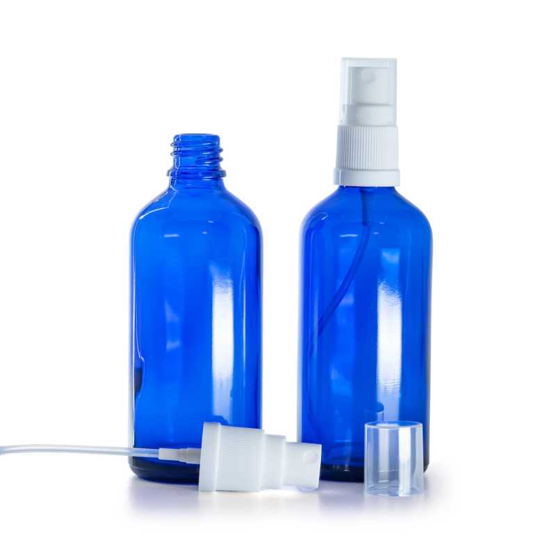 Bottiglia in vetro, blu, spruzzatore bianco, 100 ml