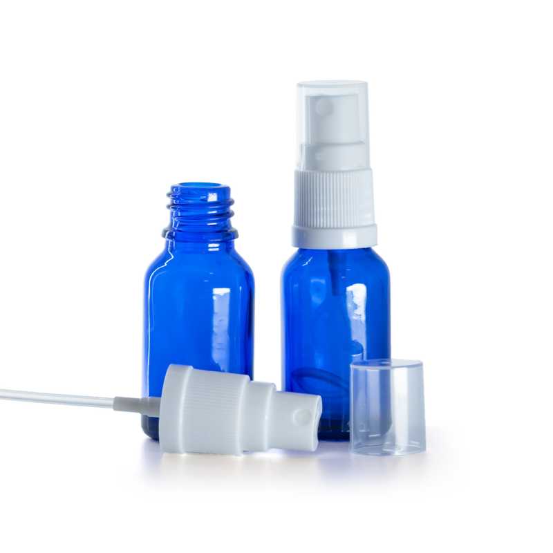 Bottiglia in vetro, blu, spruzzatore bianco, 15 ml