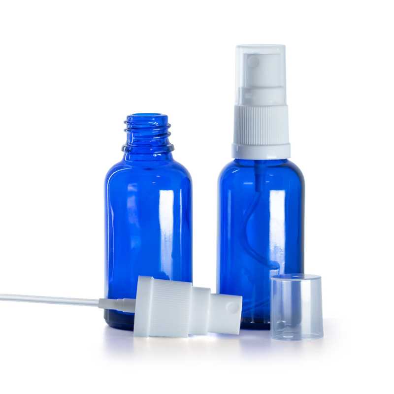 Bottiglia in vetro, blu, spruzzatore bianco, 30 ml