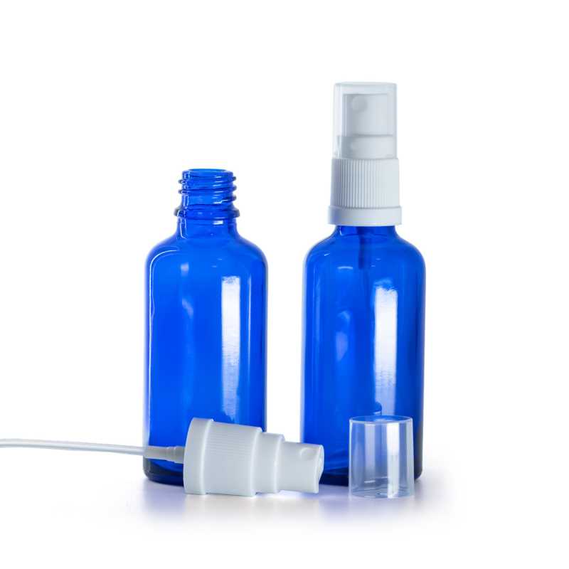 Bottiglia in vetro, blu, spruzzatore, 50 ml