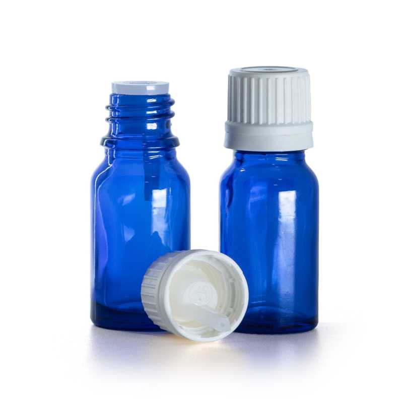 Flacone di vetro blu, tappo bianco con contagocce interno, 10 ml