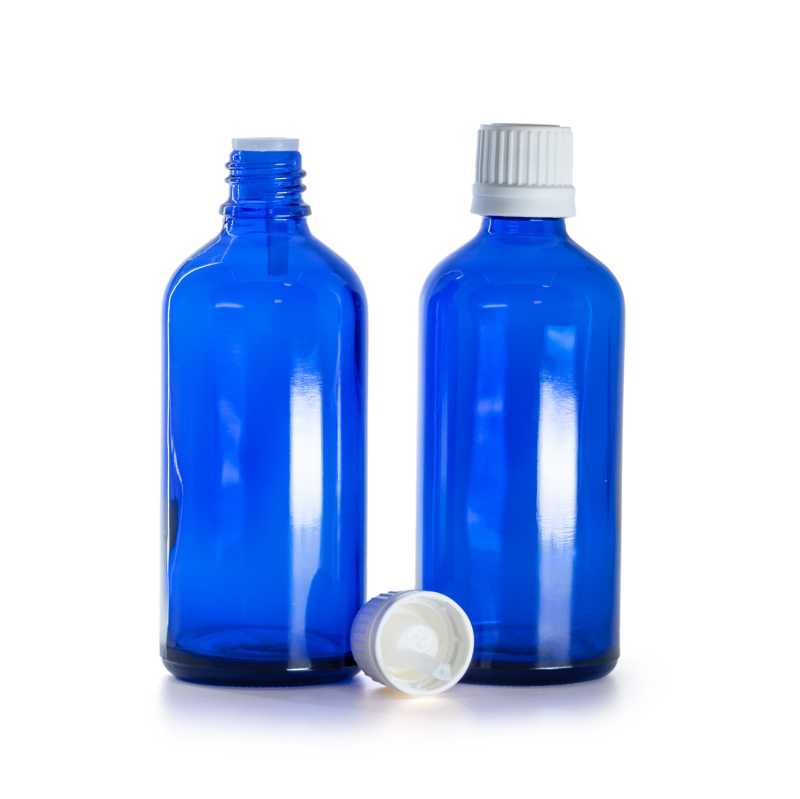Flacone di vetro blu, tappo bianco con contagocce, 100 ml