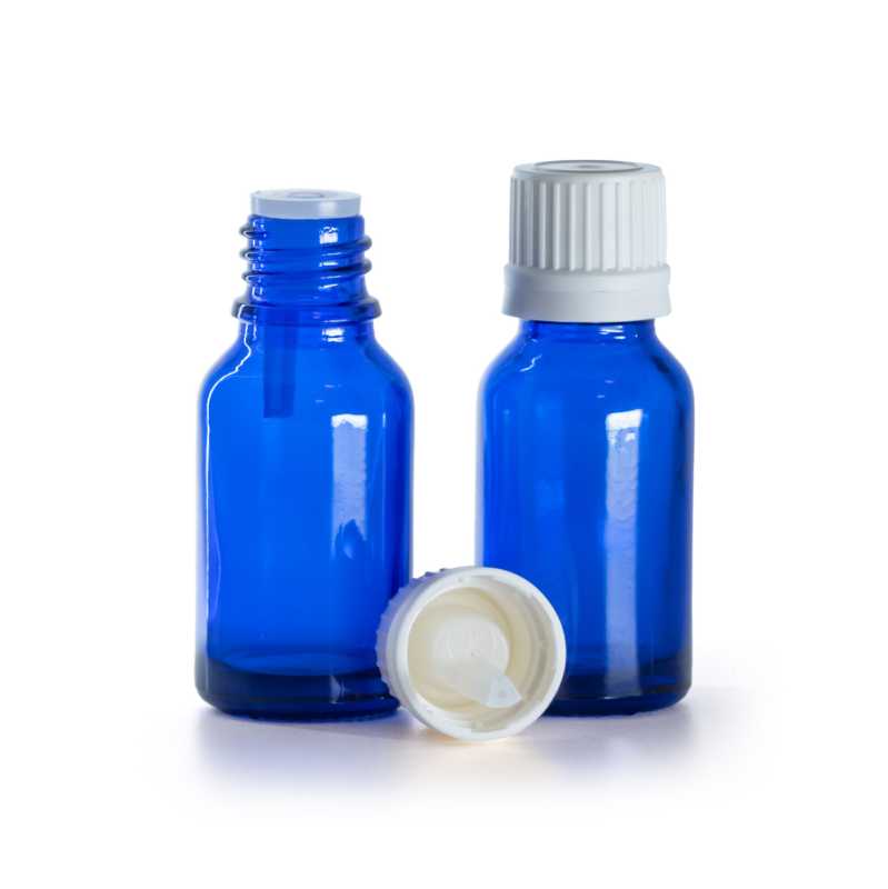 Flacone di vetro blu, tappo bianco child-resistant con contagocce interno, 15 ml