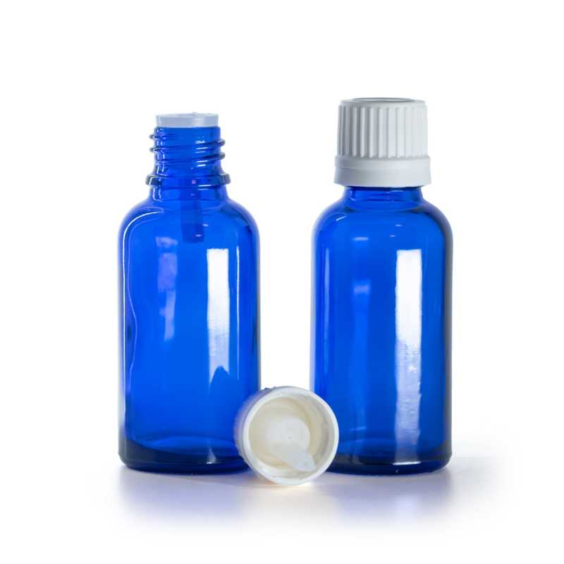 Flacone di vetro blu, tappo bianco con contagocce, 30 ml