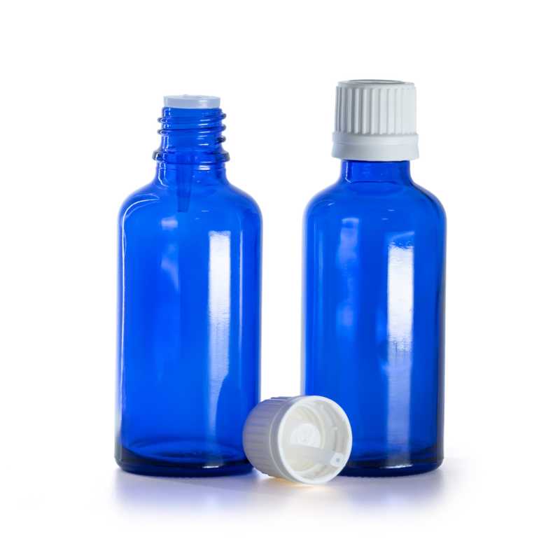 Flacone di vetro blu, tappo bianco a prova di manomissione con contagocce interno, 50 ml