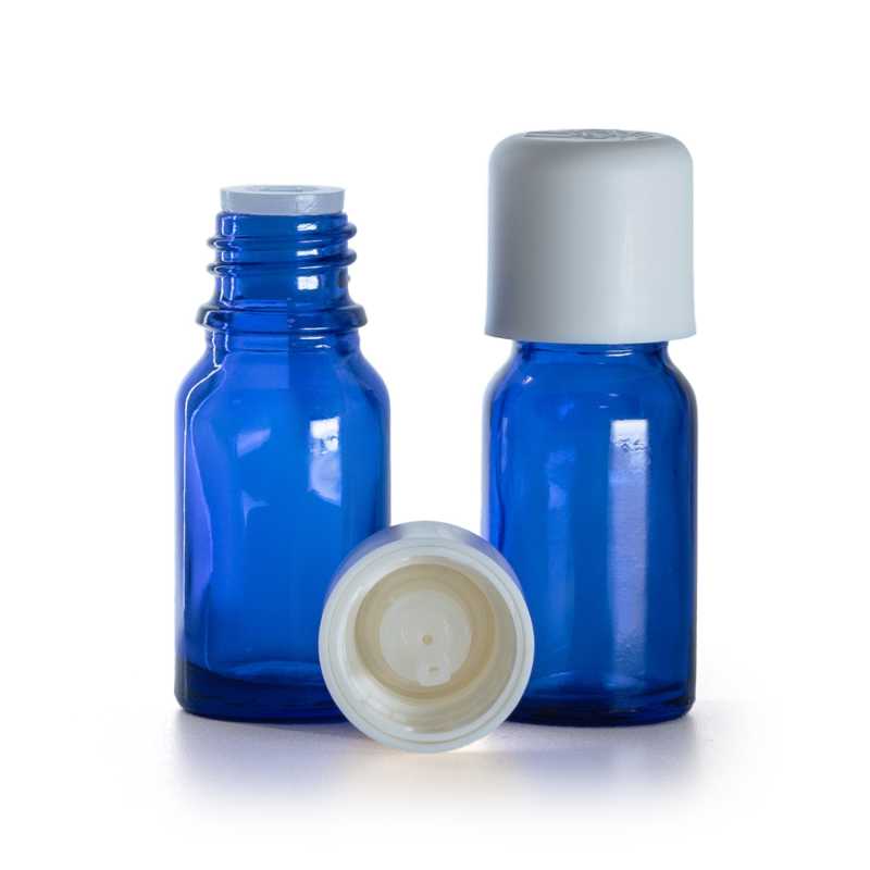 Bottiglia in vetro, blu, tappo di sicurezza bianco con contagocce, 10 ml
