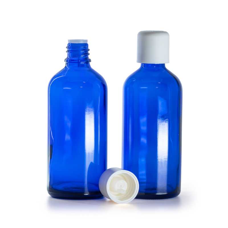 Bottiglia in vetro, blu, tappo di sicurezza bianco con contagocce, 100 ml