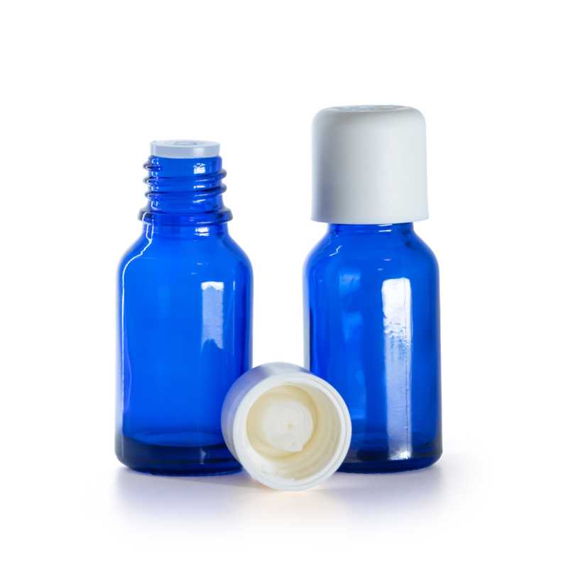 Bottiglia in vetro, blu, tappo di sicurezza bianco con contagocce, 15 ml