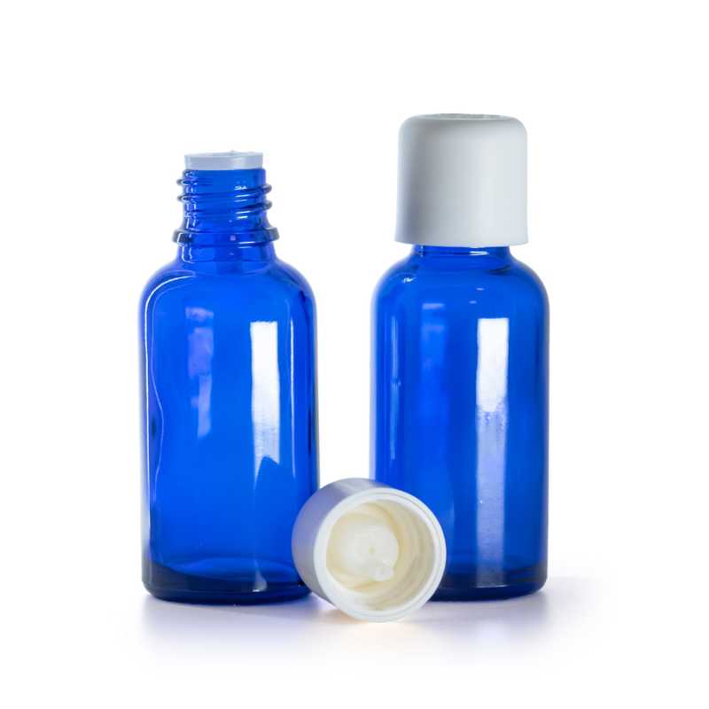 Flacone in vetro, blu, tappo di sicurezza bianco con contagocce, 30 ml