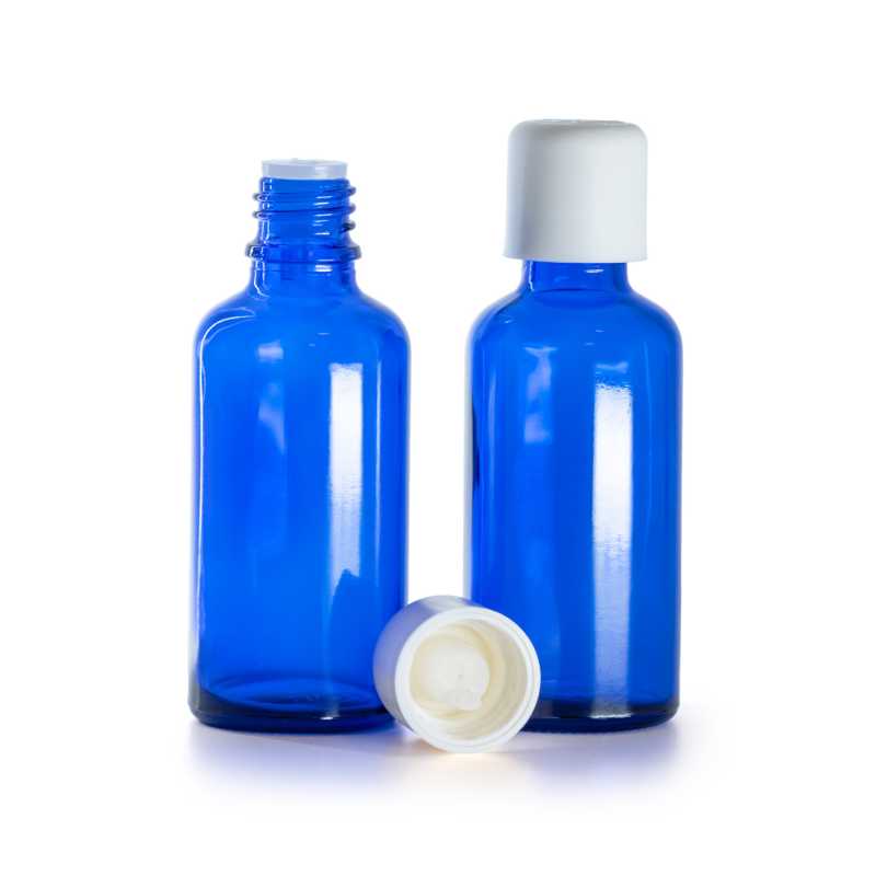 Flacone in vetro, blu, tappo di sicurezza bianco con contagocce, 50 ml