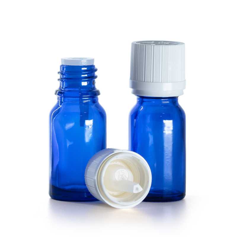 Flacone in vetro, blu, tappo di sicurezza antimanomissione bianco con contagocce, 10 ml