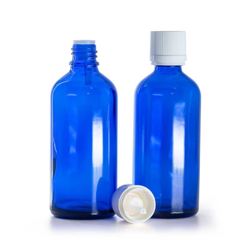 Bottiglia in vetro, blu, tappo di sicurezza antimanomissione bianco con contagocce, 100 ml