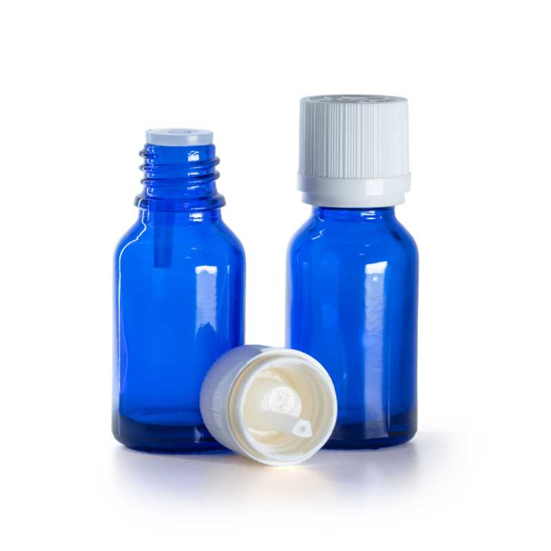 Flacone in vetro, contagocce, blu, tappo di sicurezza antimanomissione bianco, 15 ml