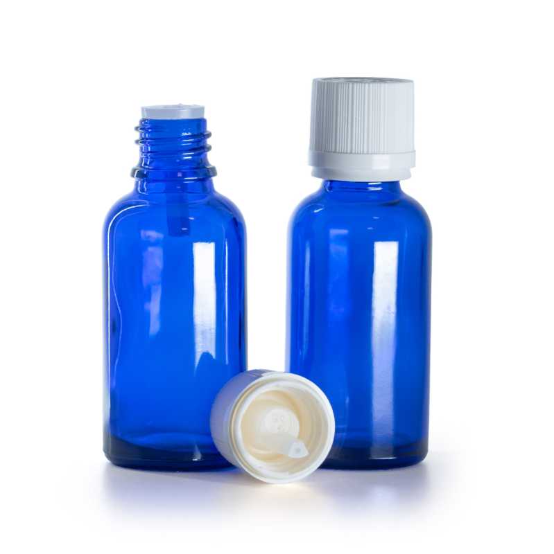 Flacone in vetro, blu, tappo di sicurezza antimanomissione bianco con contagocce, 30 ml