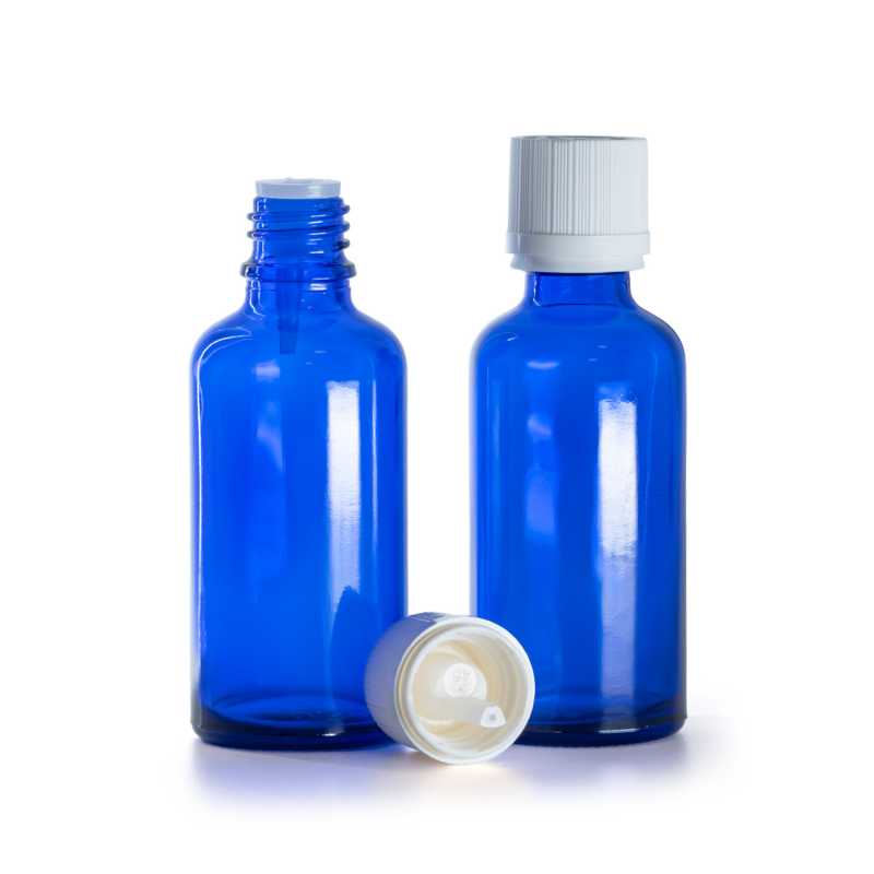 Bottiglia in vetro, blu, tappo di sicurezza bianco con contagocce, 50 ml
