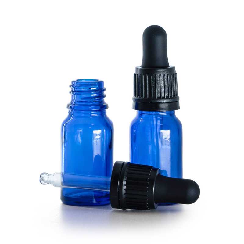 Flacone in vetro, blu, contagocce nero antimanomissione, 10 ml