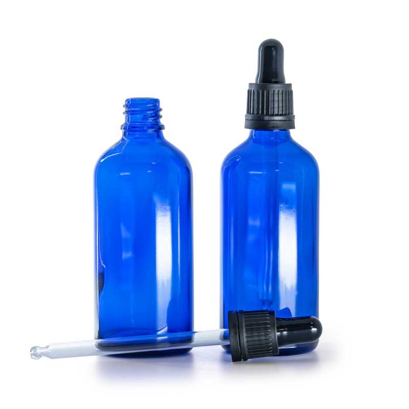 Flacone in vetro, blu, chiusura contagocce antimanomissione nera, 100 ml