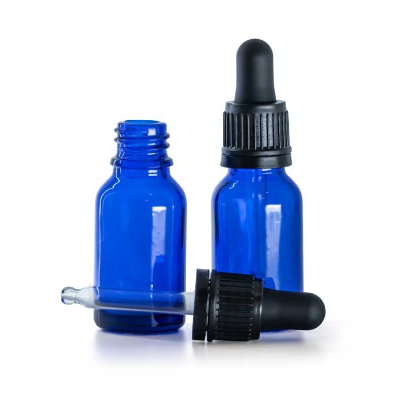 Bottiglia in vetro, blu, contagocce nero a prova di manomissione, 15 ml