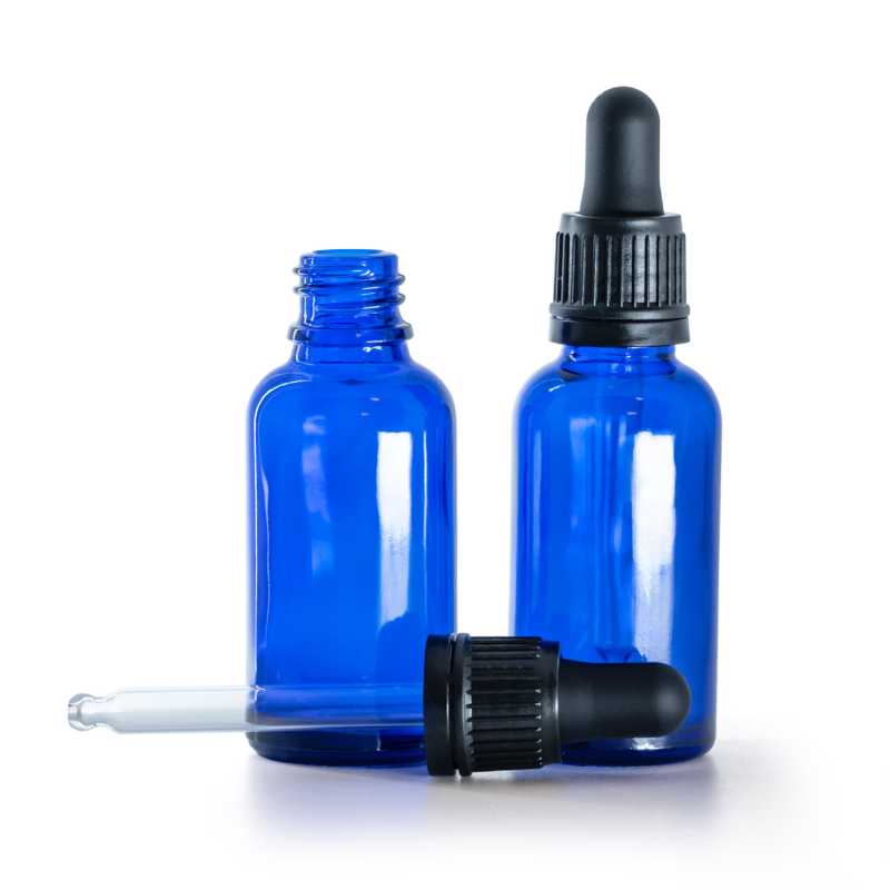 Flacone in vetro, blu, contagocce nero inviolabile, 30 ml