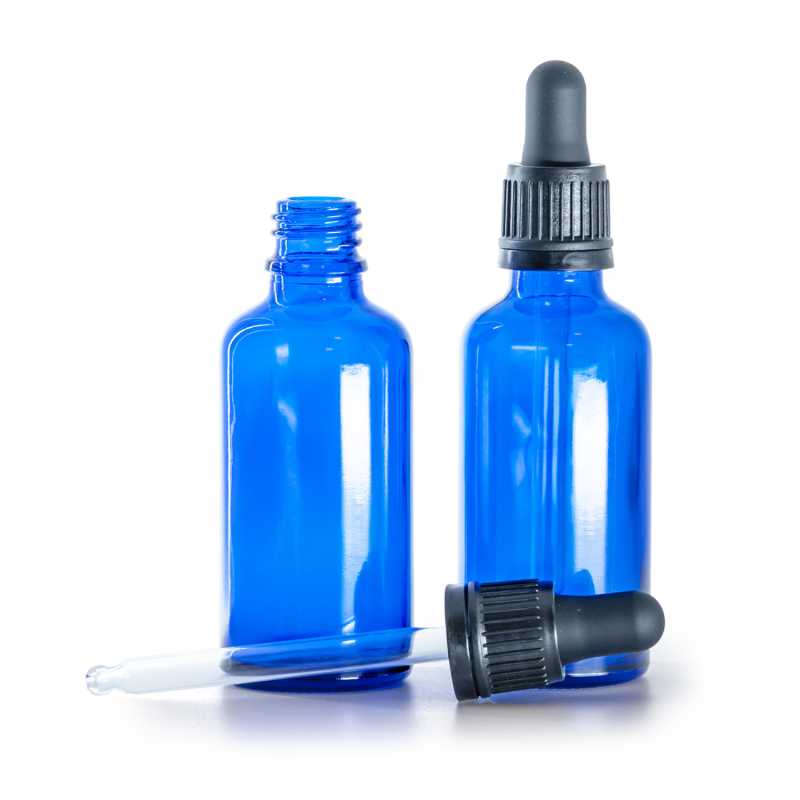Flacone in vetro, blu, contagocce inviolabile nero, 50 ml