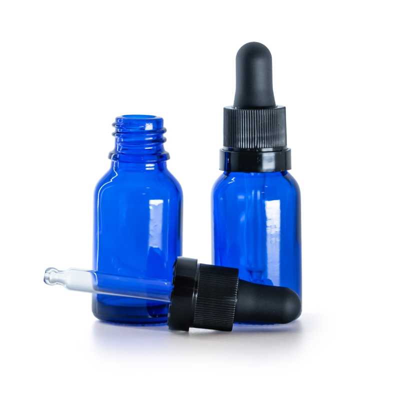 Flacone in vetro, blu, contagocce nero opaco con fascia lucida, 15 ml