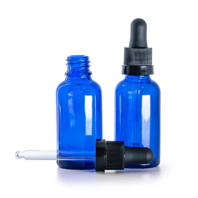 Bottiglia in vetro, blu, contagocce nero opaco con anello lucido, 30 ml