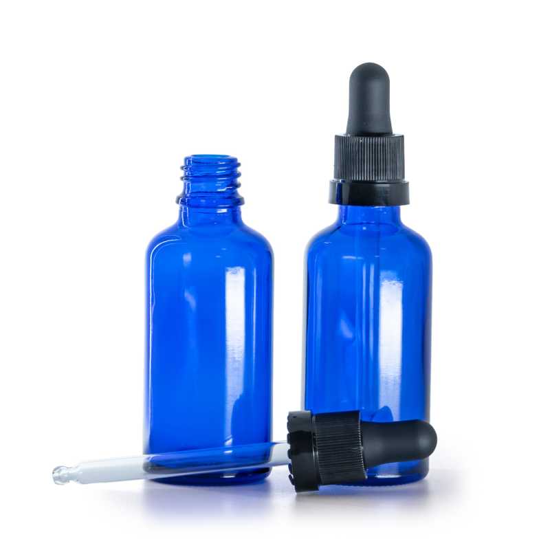 Flacone in vetro, blu, contagocce nero opaco con fascia lucida, 50 ml